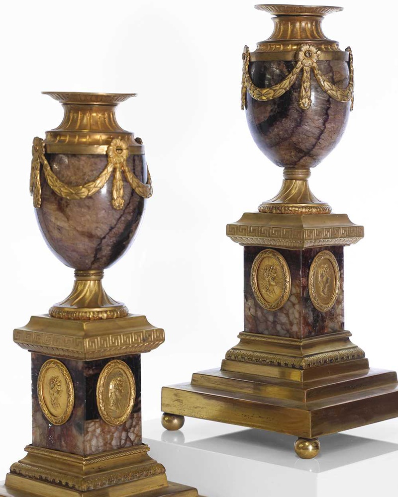 A pair of George III Derbyshire Blue John and ormolu 'Cleopatra' candle vases (Sold for £33,800)